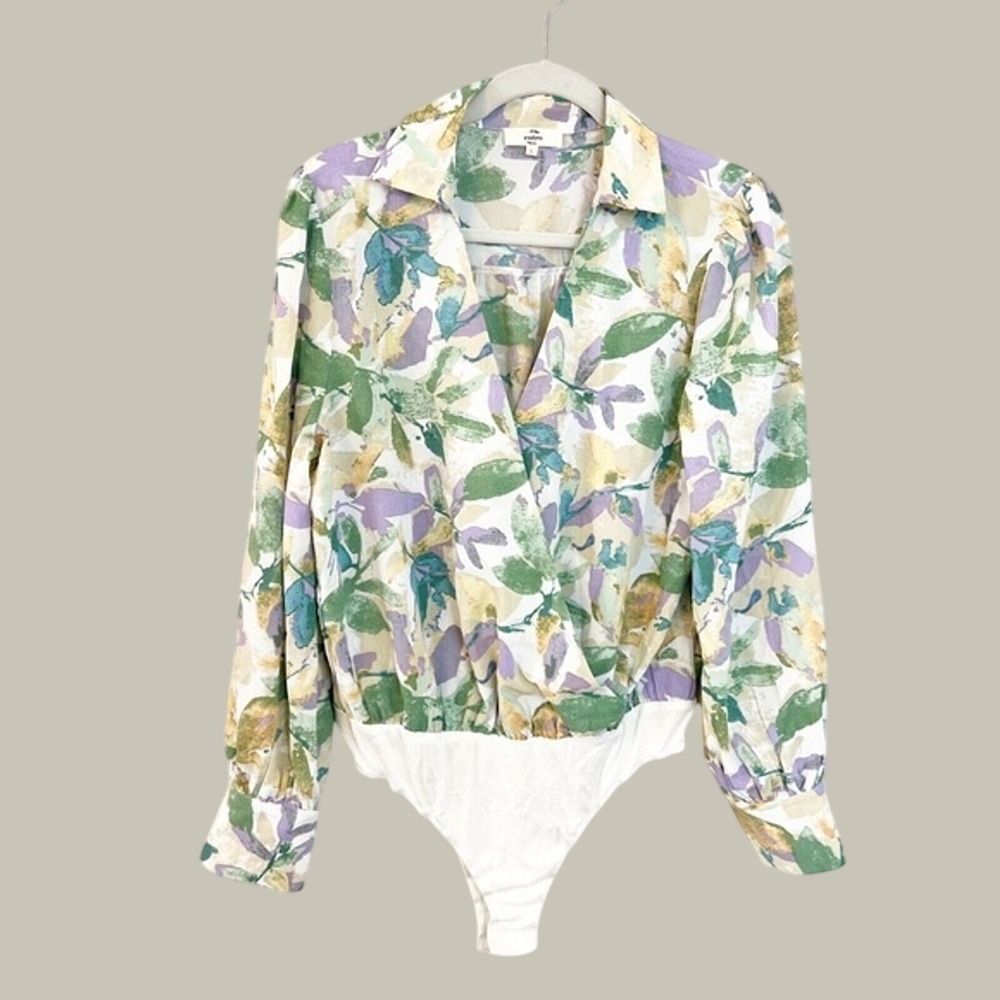 Entro Floral Surplice Wrap Bodysuit Green Purple Long Sleeve B17727 Large
